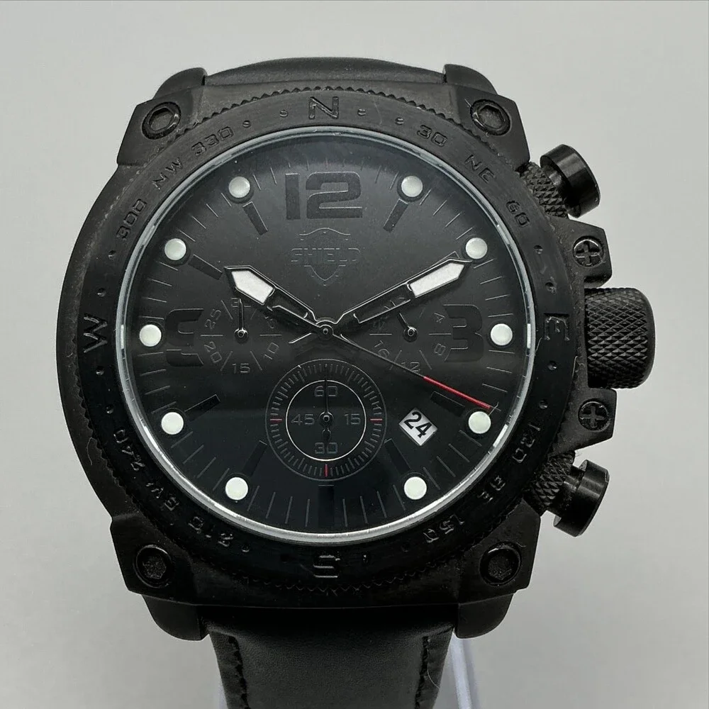 Shield Tesei Chronograph Mens Watch 49mm Black Dial Leather Date New Battery